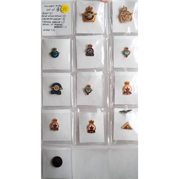 Militaria Pins; small lot of 13 various RCAF. Legion and Retiree pins.  See Pic.