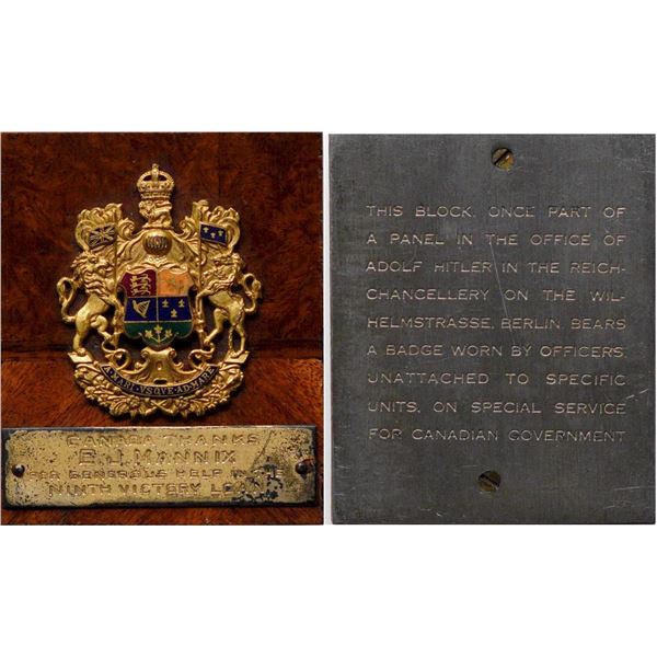 Vintage Plaque;  Coat of Arms CANADA THANKS E.J. MANNIX FOR GENERAL HELP IN THE NINTHT VICTORY LOAN.