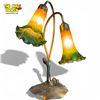 Image 1 : Tiffany-style Pond Lily 2-light Lamp Bronze Base Green-amber Glass Shades 16-inch