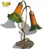 Image 2 : Tiffany-style Pond Lily 2-light Lamp Bronze Base Green-amber Glass Shades 16-inch