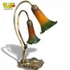 Image 3 : Tiffany-style Pond Lily 2-light Lamp Bronze Base Green-amber Glass Shades 16-inch