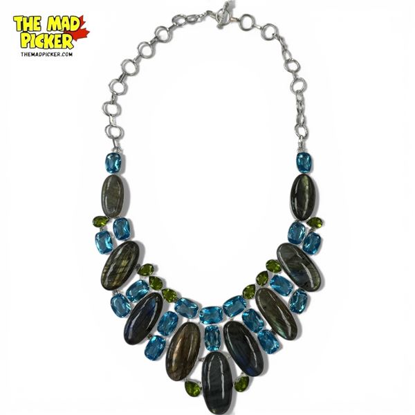 New Labradorite, Peridot & Blue Crystal Collar Necklace - Necklace center is 2.5" deep