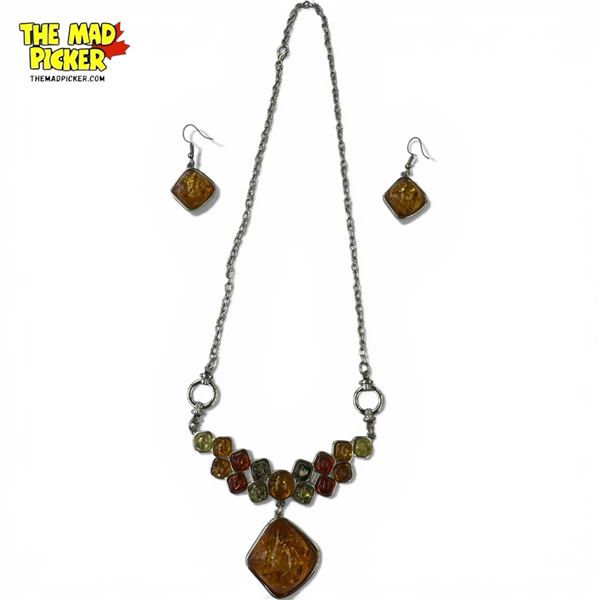 New Tri-colour 20" Amber Resin Necklace & Earring Set - Center of necklace is 2.5" long.