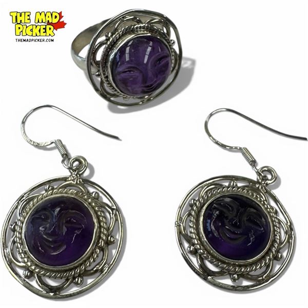 Sterling Silver Natural Carved Moon Face Amethyst Pendant & Earring Set - Size 9.5 ring and earrings
