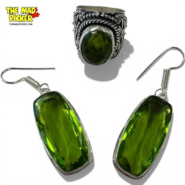 .925 Sterling Silver Peridot Earrings & Ring Set -  Size 9 ring is 24mm wide, drop earrings are 30mm