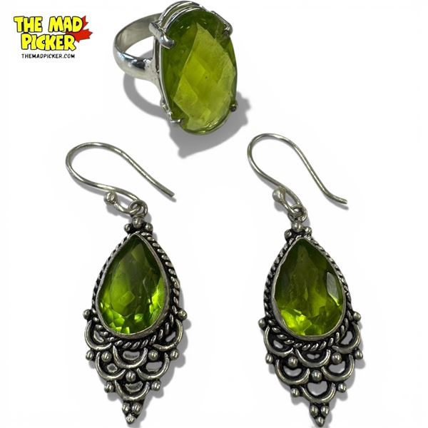 .925 Sterling Silver Peridot Earrings & Ring Set -  Gemstone in the size 9 ring is 23mm long - Total