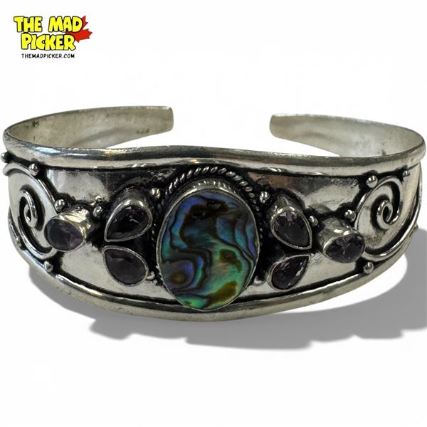 .925 Sterling Silver Abalone & Amethyst Cuff Bracelet - 24mm wide - Weight : 18.7 grams