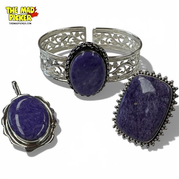 .925 Sterling Silver Lavendar Charoite Pendant, Ring & Cuff Bracelet -  Gemstone in the size 10 ring