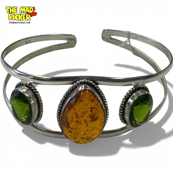 .925 Sterling Silver Amber Resin & Emarald Crystal Cuff Bracelet - 26mm wide - Weight including gems