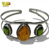 Image 1 : .925 Sterling Silver Amber Resin & Emarald Crystal Cuff Bracelet - 26mm wide - Weight including gems