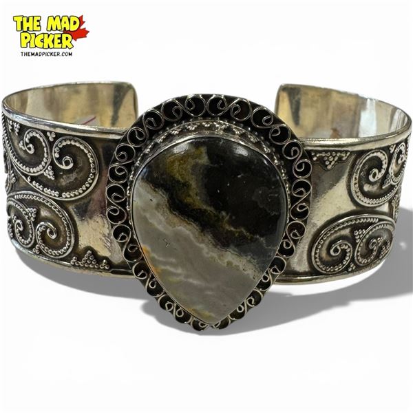 .925 Sterling Silver Crazy Lace Agate Cuff Bracelet - 40mm wide - Weight : 43.2 grams