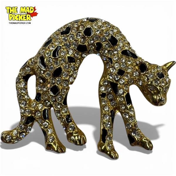 Vintage Gold-Tone Crystal & Enamel Leopard Brooch - 2" diameter