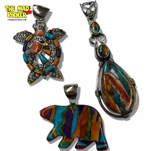 3 Sterling Silver Multi-Gemstone Inlay Pendants - Longest is 2.75" - Total weight: 32 grams