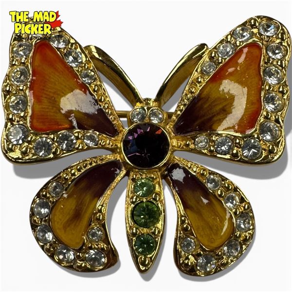 1990s Joan Rivers Gold Plated Enamel & Crystal Butterfly Brooch - Excellent condition - 1" x 1.25"