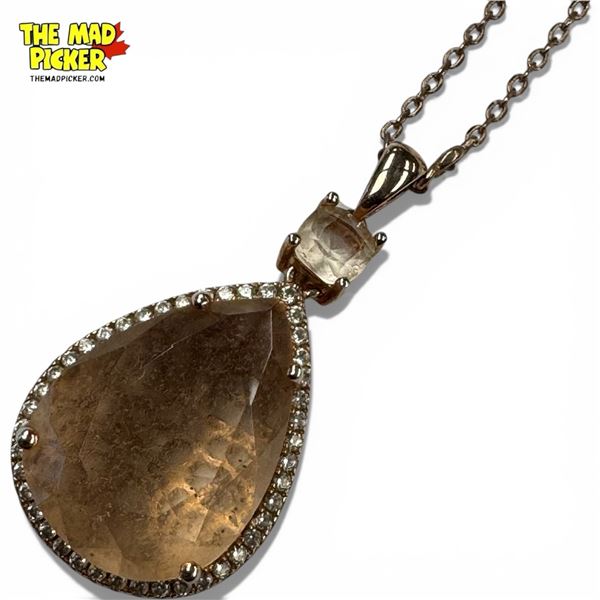 .925 Sterling Silver Rose Gold Plated Morganite Necklace 1" x 3/4" Teardrop Gemstone with CZ Accent 