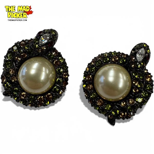 Vintage KJL (Kenneth Jay Lane) Faux Pearl & Rhinestone Clip-On Serpent Earrings - 1.5" diameter