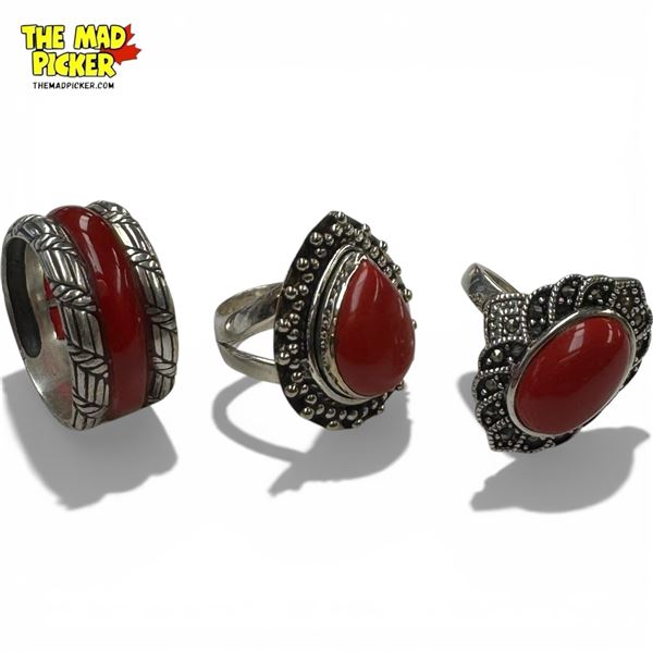 3 Sterling Silver Red Agate Rings - Sizes 9 and 11 - Total weight: 24.2 grams