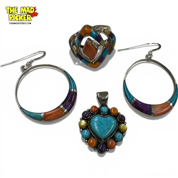 Sterling Silver Multi-Gemstone Inlay Ring, Pendant & Earrings - Total weight: 20 grams