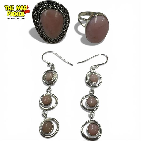 Sterling Silver Pink Andean Opal Earrings & 2 Rings  - Sizes 8 and 10 - Total weight: 20.7 grams