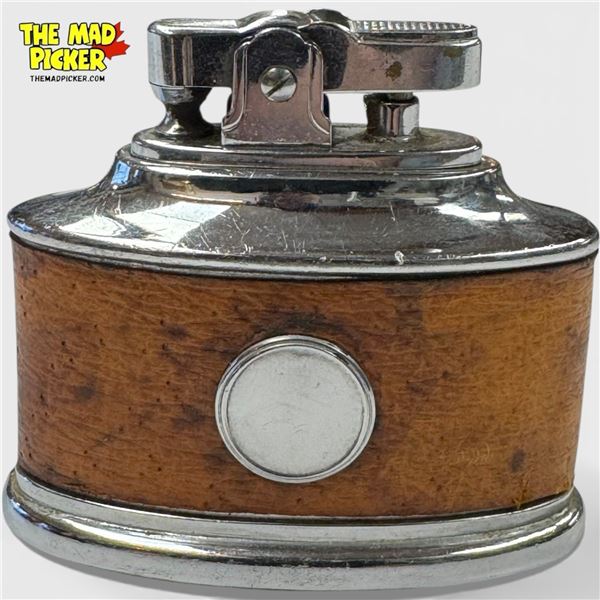 1950s Leather & Chrome Table Lighter - 1.5" x 2.5" x 2.5"