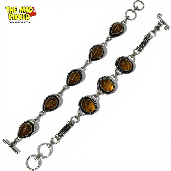2 Sterling Silver & Amber Resin Toggle Bracelets - Stamped .925 - Total weight: 30 grams