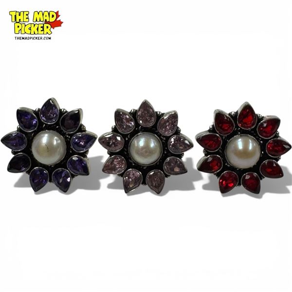 3 Sterling Silver Pearl & Gemstone Flowe Rings - Sizes 8 and 9 - 1" diameter (Amethyst, Garnet & Ros