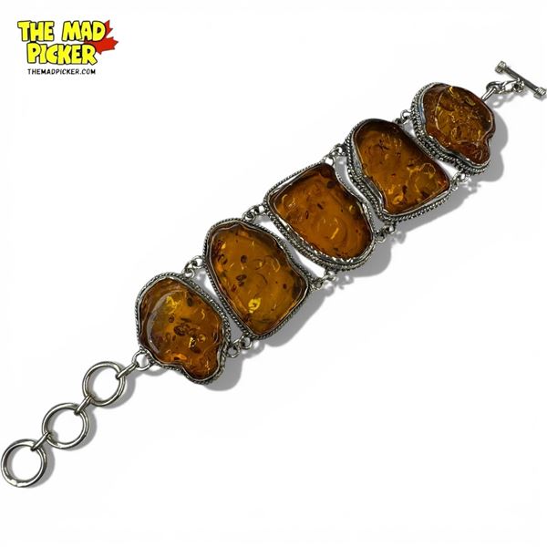 New 2" Wide Amber Resin Toggle Clasp Bracelet in Silver Setting (stamped .925 Sterling )