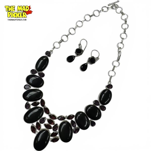 New Black Obsidian & Amethyst Crystal Necklace & Earring Set - Collar necklace is 2.5" deep and earr