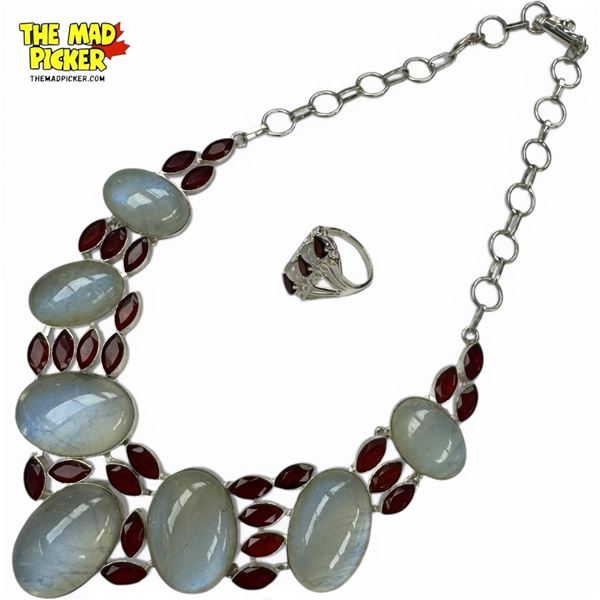 New Faceted Garnet Crystal, Polished Quartz Cabochon Necklace & Earring Set - Collar Necklace is 2" 