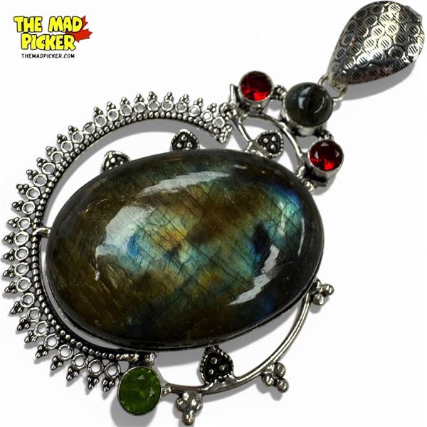 Large Sterling Silver Labradorite & Gemstone Pendant - 2.5" x 3" - Weight: 44.7 grams
