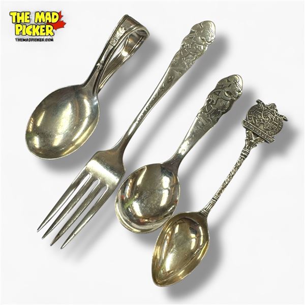 4 Vintage Silver Plated Flatware, Disney Mickey Mouse Spoon & Fork, Skegness Foreshore Bowling Club,