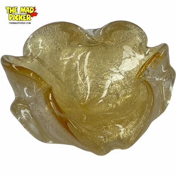 Mid-Century Gold Fleck Murano Glass Ashtray - 2.5" deep x 5" diameter