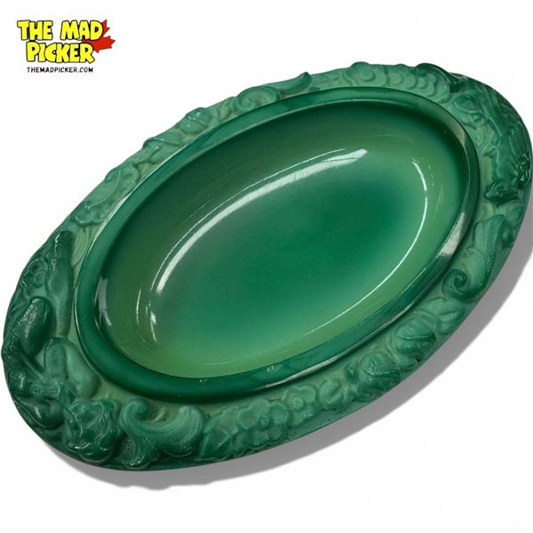 1930s Oval Art Deco Malachite Slag Glass Trinket Dish - 3.5" x 6" x 1" deep