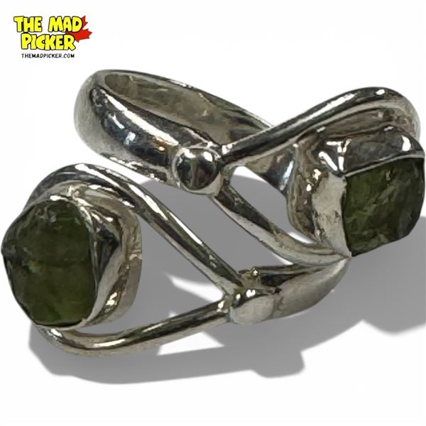 .925 Sterling Silver Moldavite Crystal Ring - Size 8 ring is 20 mm wide- Total weight: 7 grams