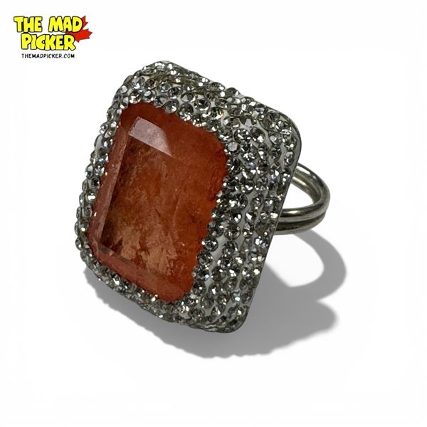 .925 Sterling Silver Padparadscha Quartz Ring with Surrounded with Clear Crystals - Size 7.5 ring is