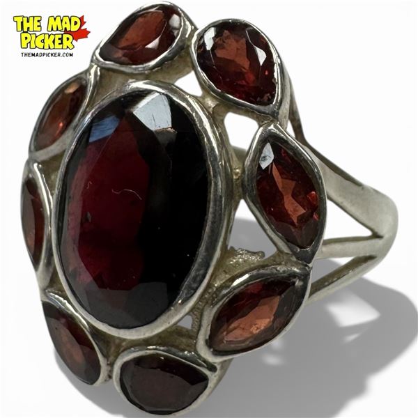 .925 Sterling Silver Faceted Garnet Ring - Size 9 ring is 26 mm wide- Total weight: 8.8 grams
