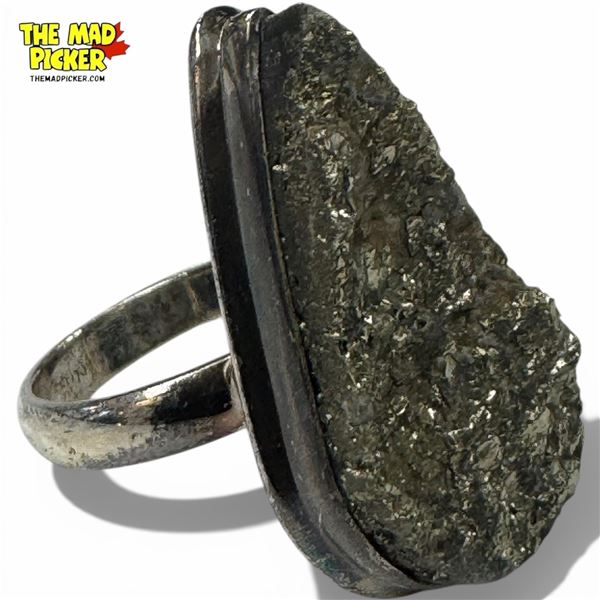 .925 Sterling Silver Pear Shaped Raw Pyrite Ring - Size 8.5 ring is 28 mm wide- Total weight:11.4 gr