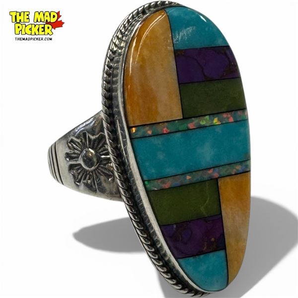 .925 Sterling Silver Multi-Stone Inlay Ring - Size 10 ring is 32 mm wide- Total weight: 9.2 grams