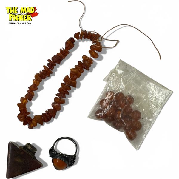 Amber Ring. 8" Chip Strand, Pendant and 18 Drilled Beads - Chips are 7mm - 11mm thick, beads are 8mm