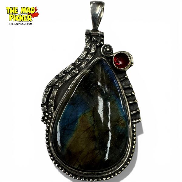 Sterling Silver Labradorite & Garnet Pendant - 1.5" x 2" - Weight: 21 grams