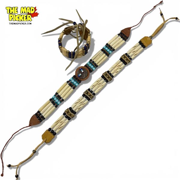 2 Beaded Leather Choker Necklaces and 1 Bracelet