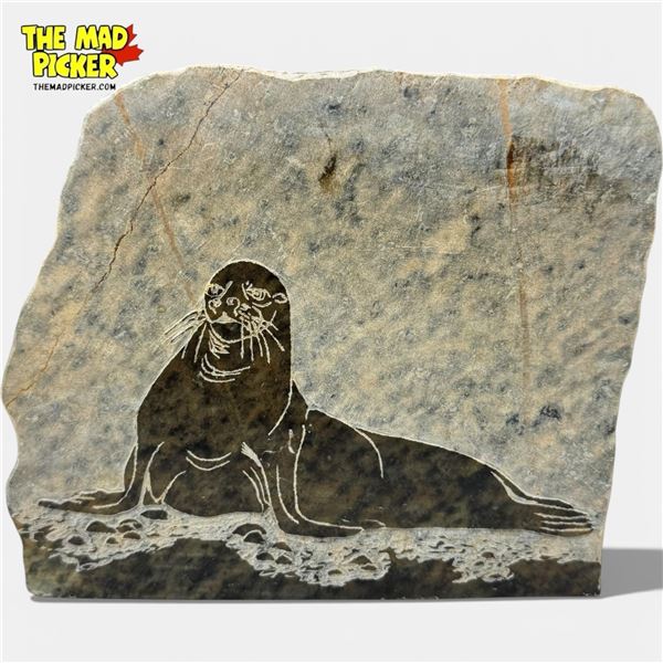 1977 Ltd. Edition Metis Canadiana Carved Stone Relief Seal Sculpture by Colin Fraser 1.5" x 5.5" x 5