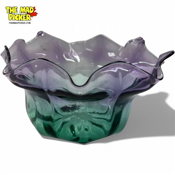 Green Purple Art Glass Bowl - Numbered - Unsigned but attributed to John Phillips - 4.5" deep x 8" w