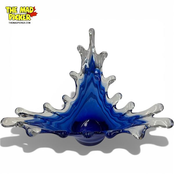 Blue with White Stripe Art Glass Centerpiece Bowl - 7" tall x 13" diameter