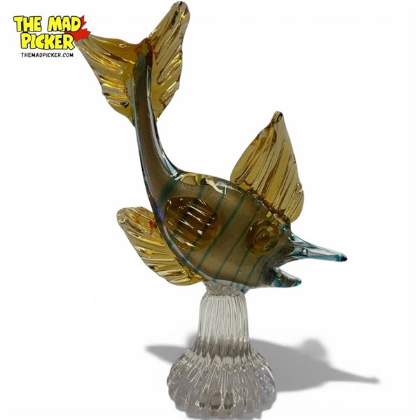 Murano Glass Gold & Blue 10" Fish Statue