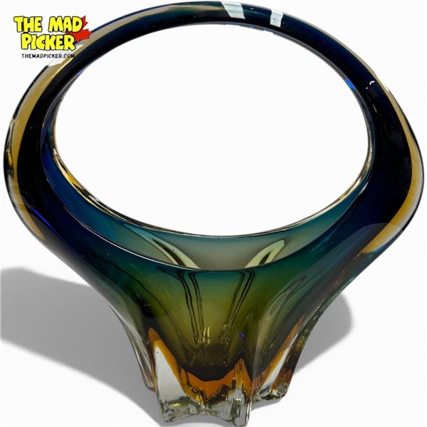 Mid-Century Venetian Art Glass Basket - Vibrant Blue to Amber/Orange - 4" x 9" x 9" tall