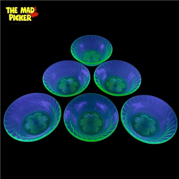 6 Vintage Uranium Glass Fruit Nappy Bowls