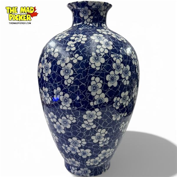 Pretty Blue Floral Porcelain Vase - 13" tall