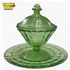 Image 1 : 1930s Optic Block Pattern Uranium Glass Lidded 5" Pedestal Dish & 6" Plate - Could be  Hazel Atlas