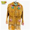 Image 2 : Vintage 1950s/60s Leather Fringe Jacket with Rose Bead Applique Zippered 30" Long X 17" Wi